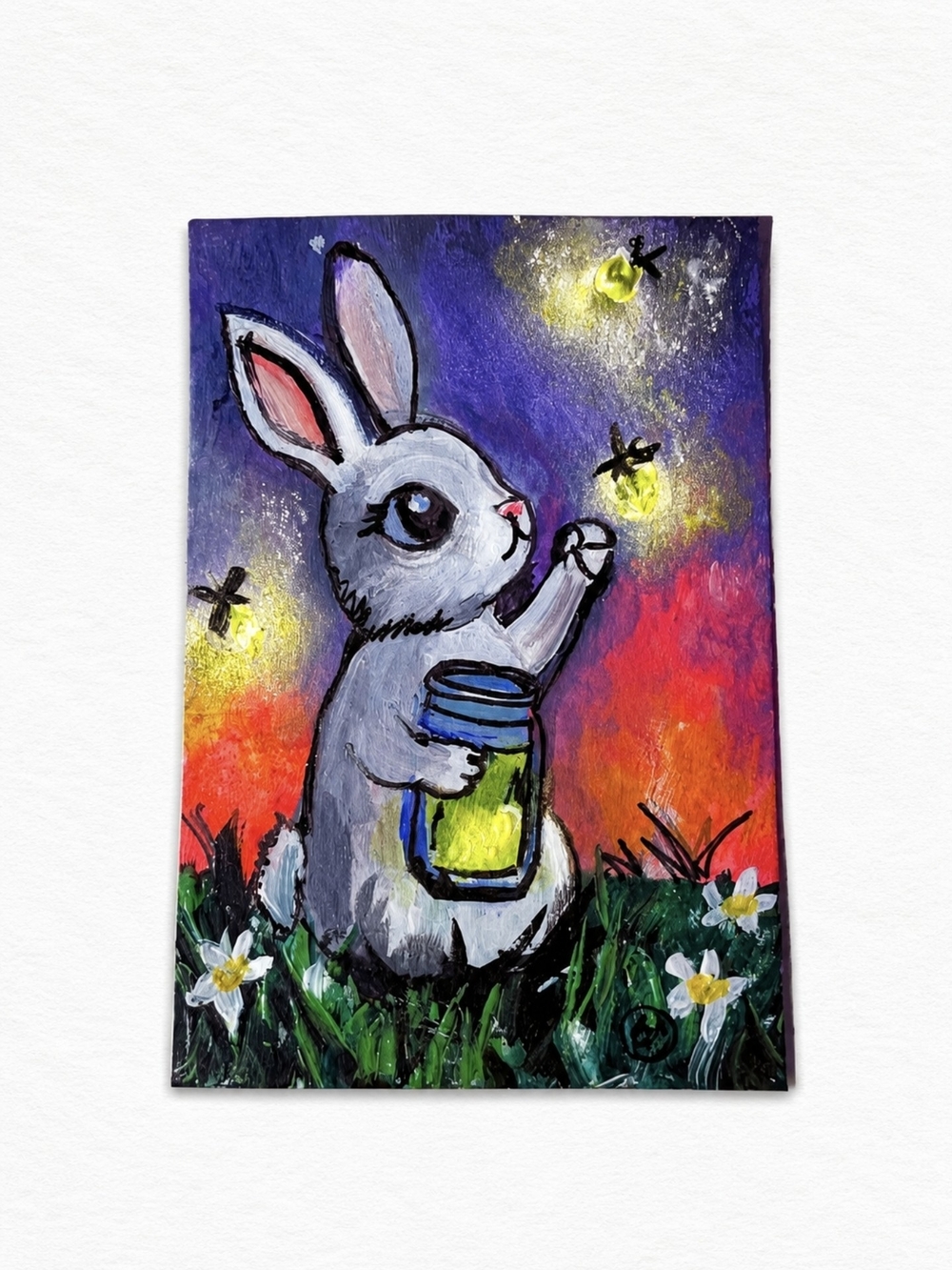 Firefly Catching Bunny ACEO Original Painting Cute Rabbit Art